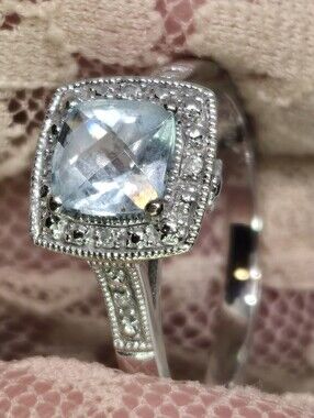 Aquamarine Cushion Halo Ring With Diamond Accent 10K Solid White Gold Ring 6.75